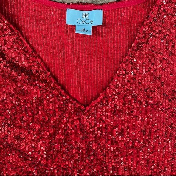 CeCe Sequined V-Neck Cap-Sleeve Red Blouse-Size Medium - Picture 3 of 7